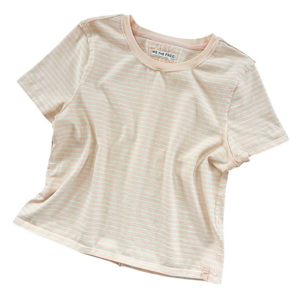 We The Free Baby Tee T Shirt Striped Peach‎ Mint Size S Boxy 100% Cotton Staple - Picture 7 of 11